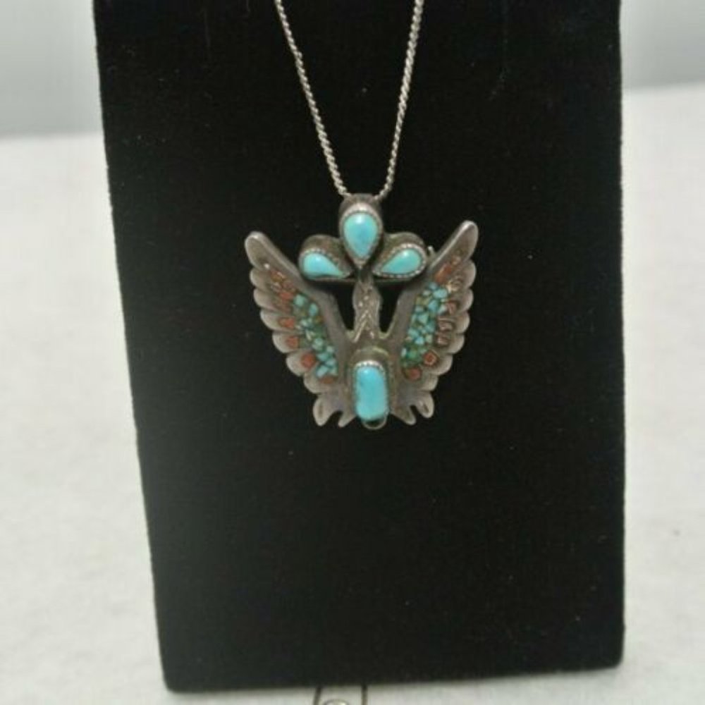 Navajo Turquoise Coral Silver  Kachina pendant pin - Picture 3 of 5